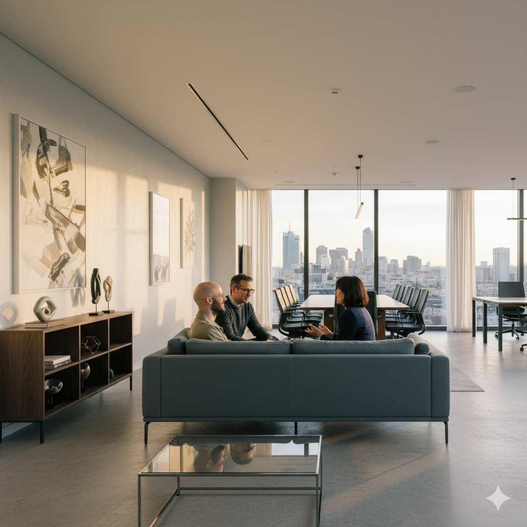 Photo of two women and a man talking in the corner of a room with modern furniture.