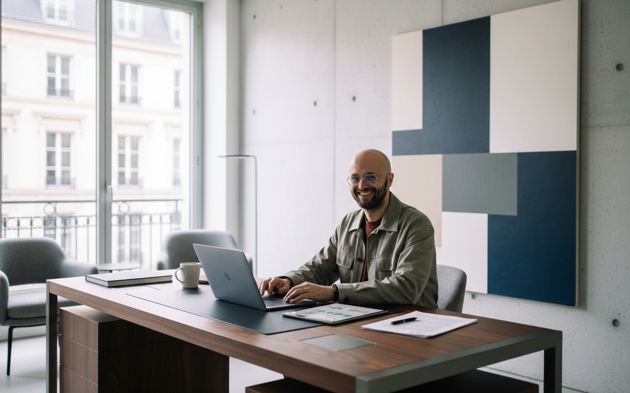 Two women sitting at a modern table talking with a city view behind them.